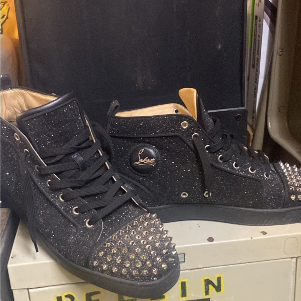 Christian Louboutin Black Glitter Studded Sneakers